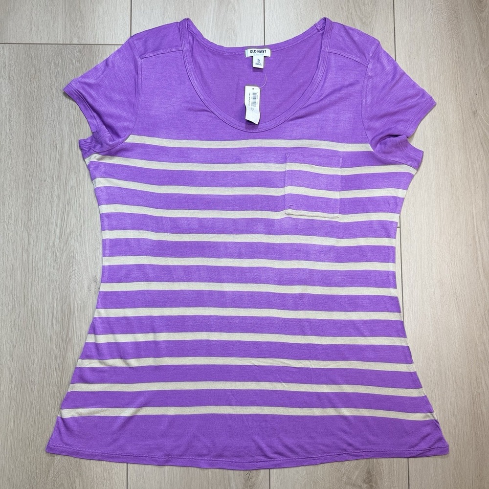 2012 Old Navy Womens XL Purple Stripe Pocket T Shirt Rayon Short Sleeve Casual